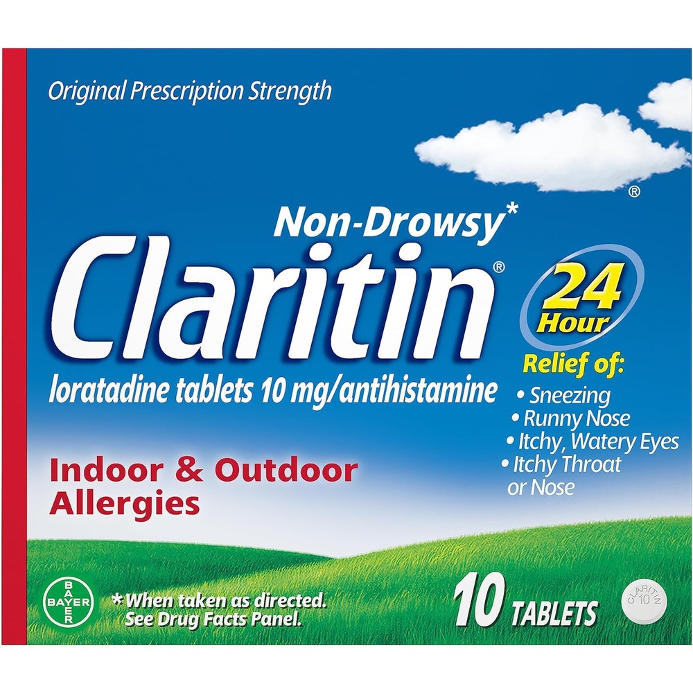 Claritin 24 hour non drowsy allergy medicine 10 tablets front packaging view