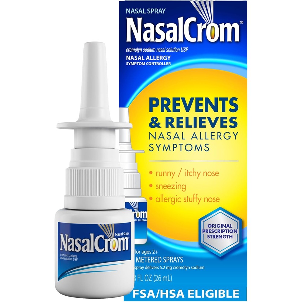 NasalCrom Nasal Spray Allergy Symptom Controller front view of the packaging showcasing the non drowsy formula label.