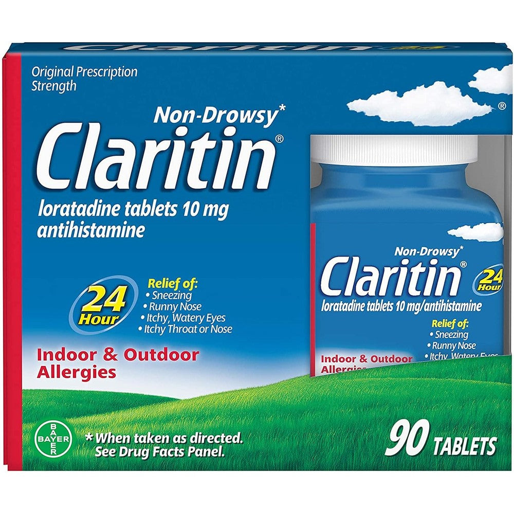 Claritin Indoor and Outdoor Allergy Relief ninety tablets front box view non drowsy antihistamine medicine