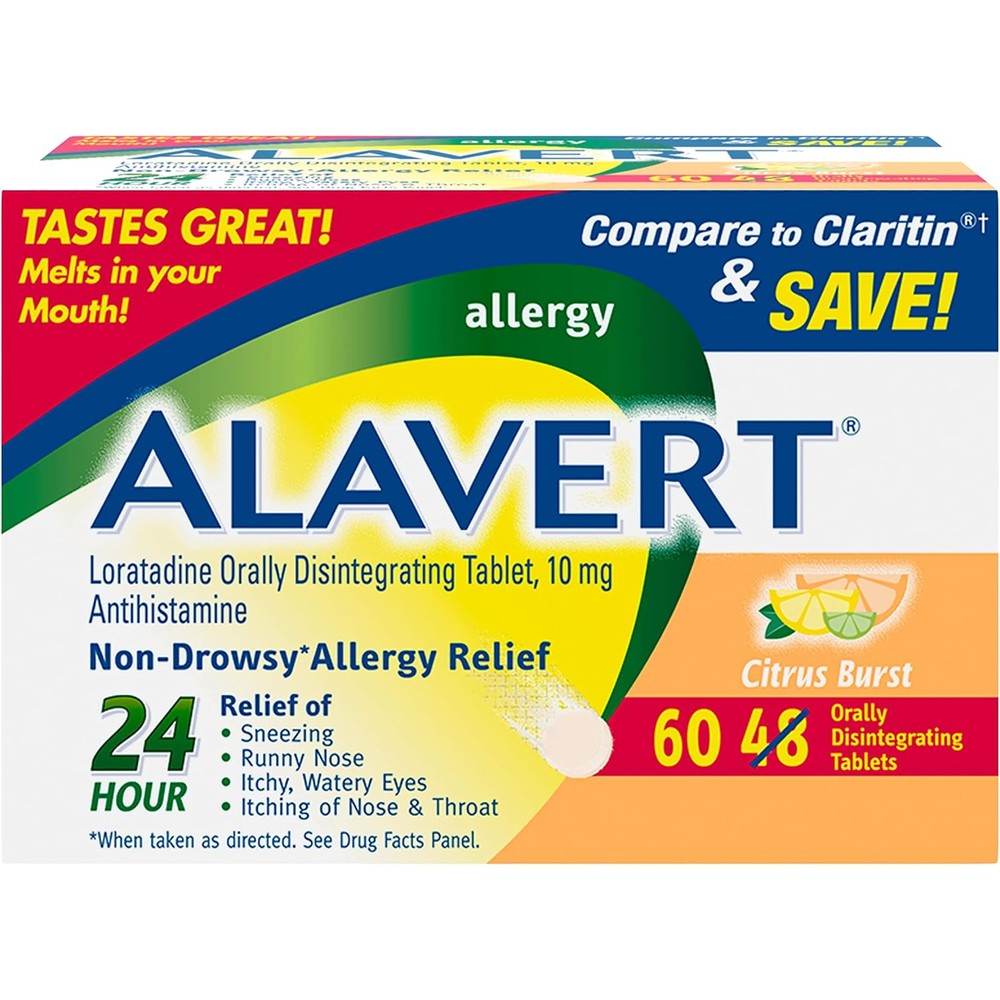 Alavert Allergy 24 Hour Relief 60 Count front box view for non drowsy antihistamine relief