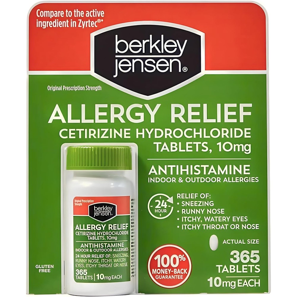 Berkley Jensen 24 Hour Allergy Relief 365 tablets front view bottle packaging