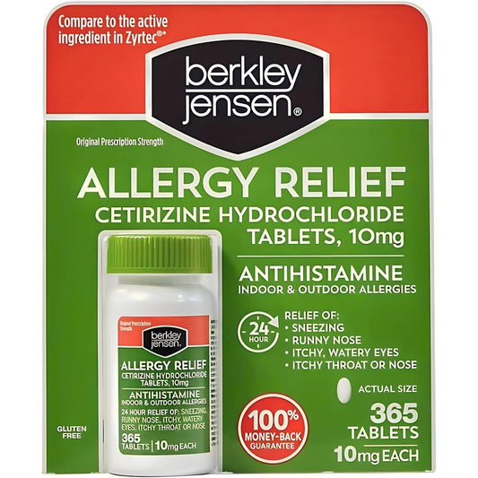 Berkley Jensen 24 Hour Allergy Relief 365 tablets front view bottle packaging