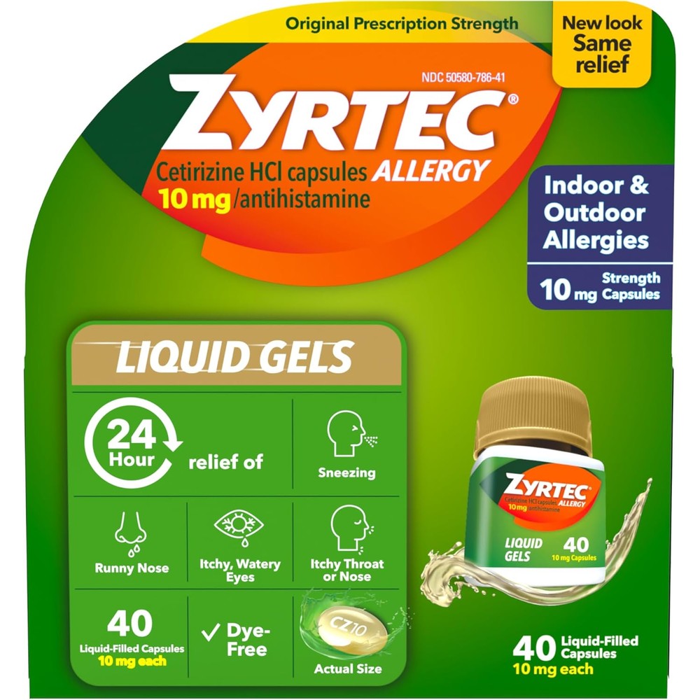 Zyrtec 24 Hour Allergy Relief Liquid Gels 40 count front packaging showing 10mg cetirizine HCl formula.