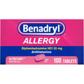 Benadryl Allergy Ultratabs 100 tablets front pack view for allergy relief
