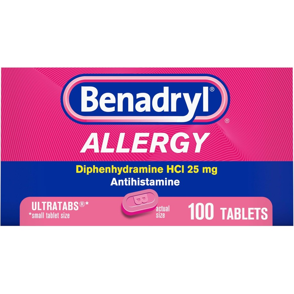 Benadryl Allergy Ultratabs 100 tablets front pack view for allergy relief