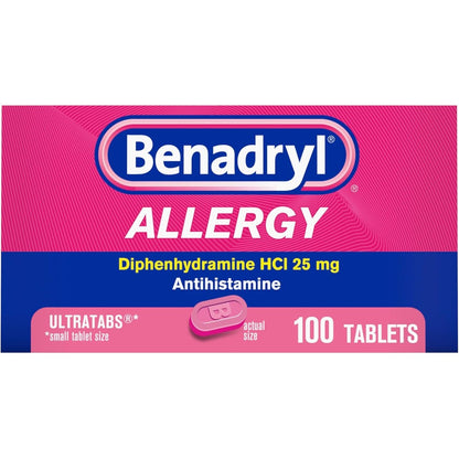 Benadryl Allergy Ultratabs 100 tablets front pack view for allergy relief