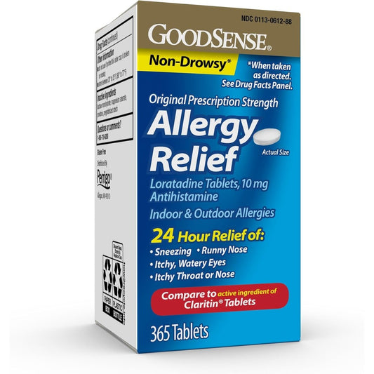 GoodSense Allergy Relief Loratadine 10 mg tablets front view bottle for non drowsy seasonal allergy care