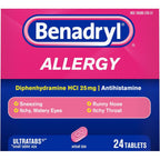 Benadryl Ultratabs Allergy Relief Medicine 24 tablets front packaging for multi symptom relief