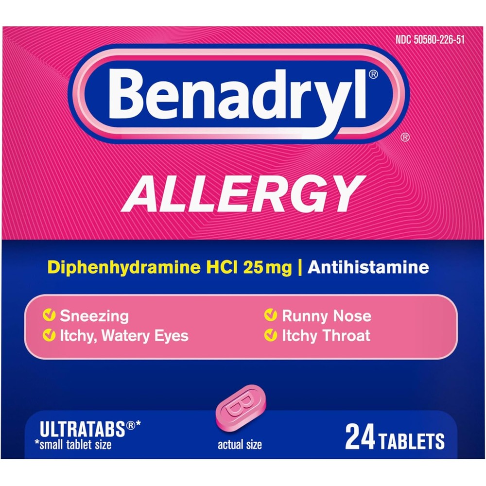 Benadryl Ultratabs Allergy Relief Medicine 24 tablets front packaging for multi symptom relief