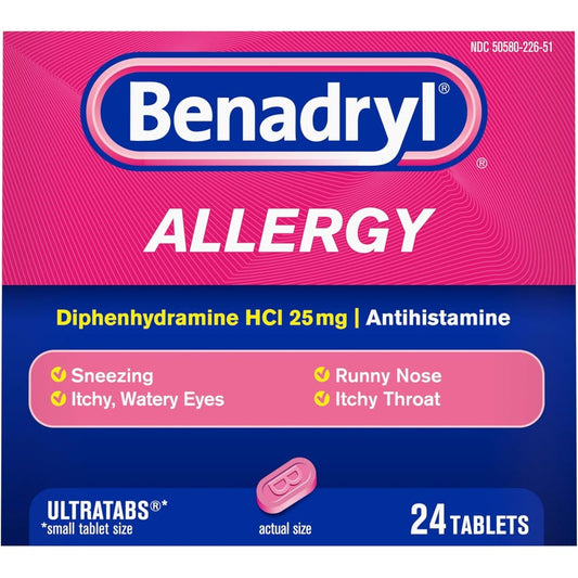 Benadryl Ultratabs Allergy Relief Medicine 24 tablets front packaging for multi symptom relief