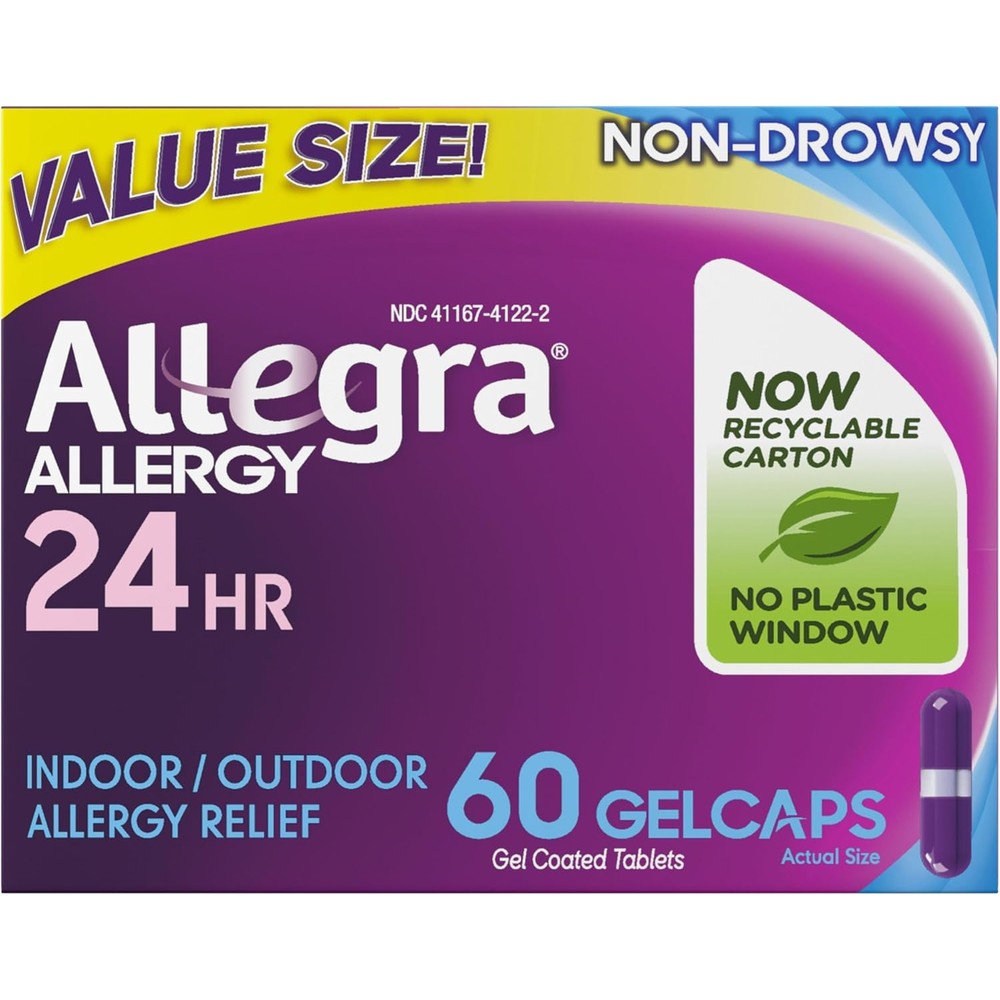 Allegra Adult 24 Hour Allergy Relief Gelcaps front packaging view showcasing non drowsy fexofenadine hydrochloride formula