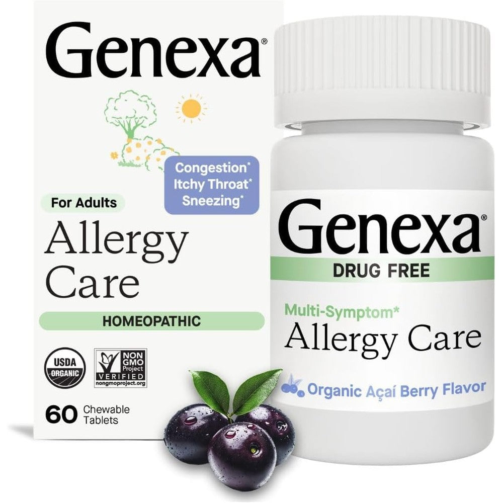 Genexa Allergy Care 60 chewable tablets front bottle view for clean adult allergy relief.
