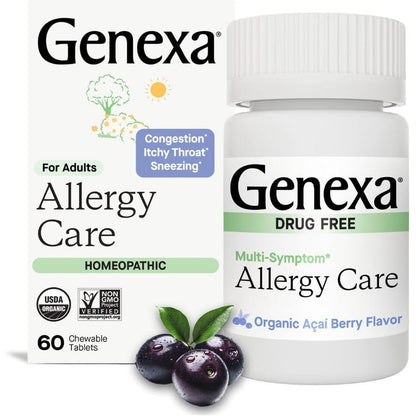 Genexa Allergy Care 60 chewable tablets front bottle view for clean adult allergy relief.