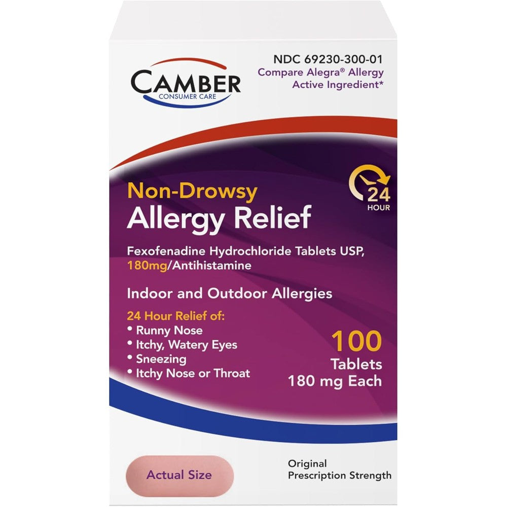Camber Pharmaceuticals Fexofenadine 180 mg allergy relief tablets front packaging