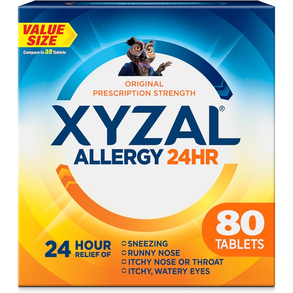 Xyzal 24 Hour Allergy Relief Medicine 80 count front packaging view showing original prescription strength text.