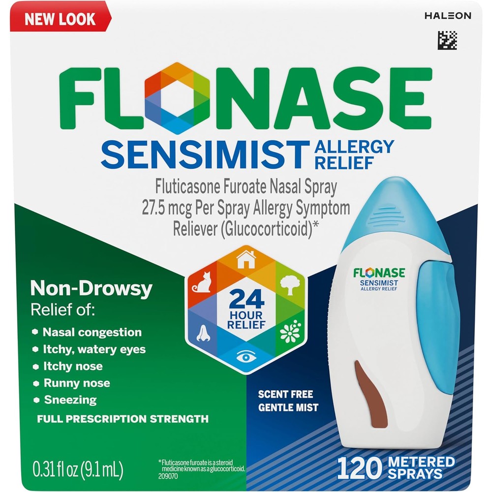Flonase Sensimist Allergy Relief Nasal Spray front view showing green cap and 120 sprays packaging