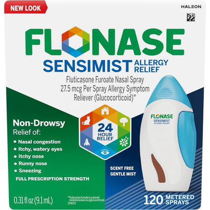Flonase Sensimist Allergy Relief Nasal Spray front view showing green cap and 120 sprays packaging