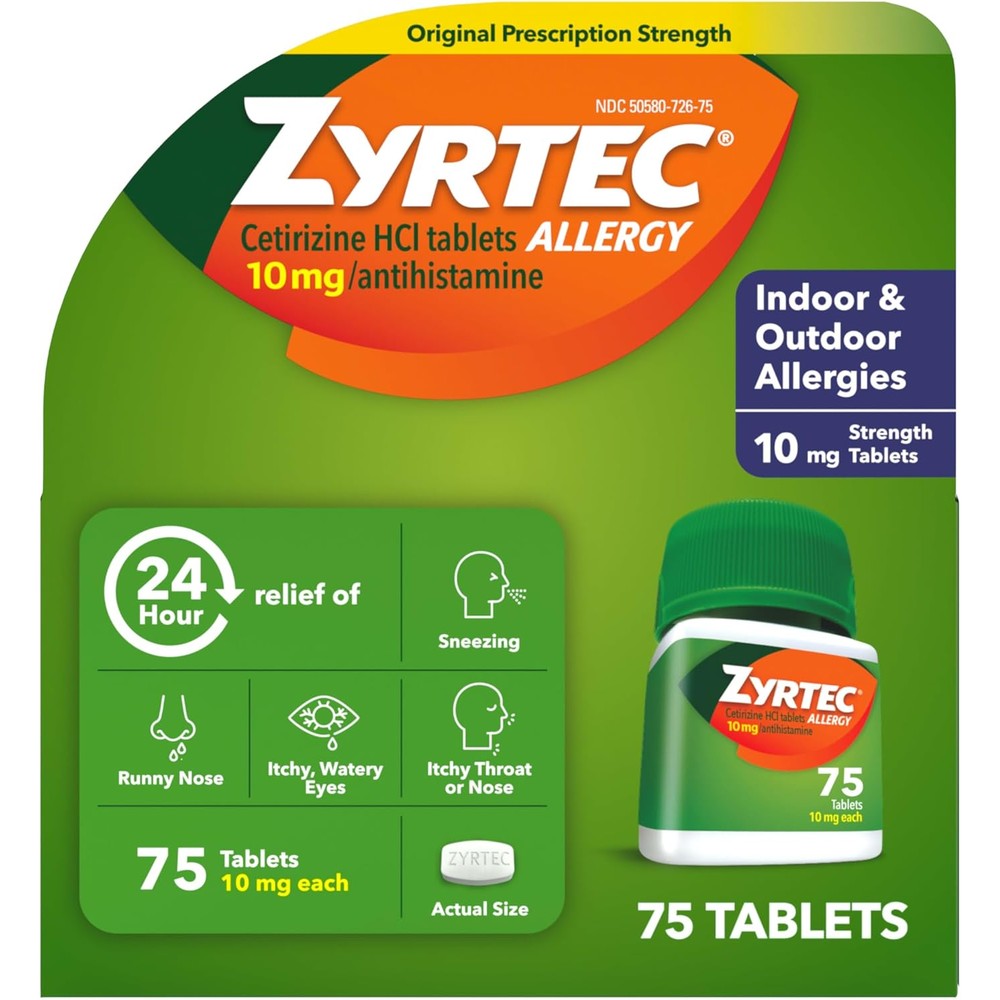 Zyrtec 24 Hour Allergy Medicine Tablets front packaging showing 75 count size for seasonal relief