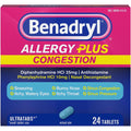 Benadryl Allergy Plus Congestion Ultratabs 24 count front packaging for sinus relief