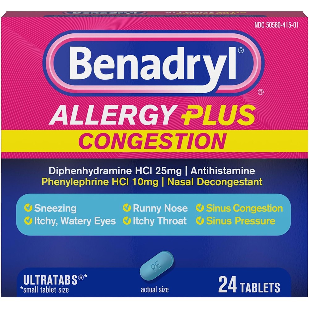 Benadryl Allergy Plus Congestion Ultratabs 24 count front packaging for sinus relief