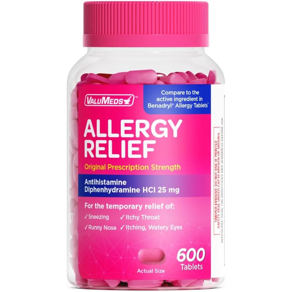 ValuMeds Allergy Medicine 600 tablets front view bottle for indoor and outdoor allergy relief.