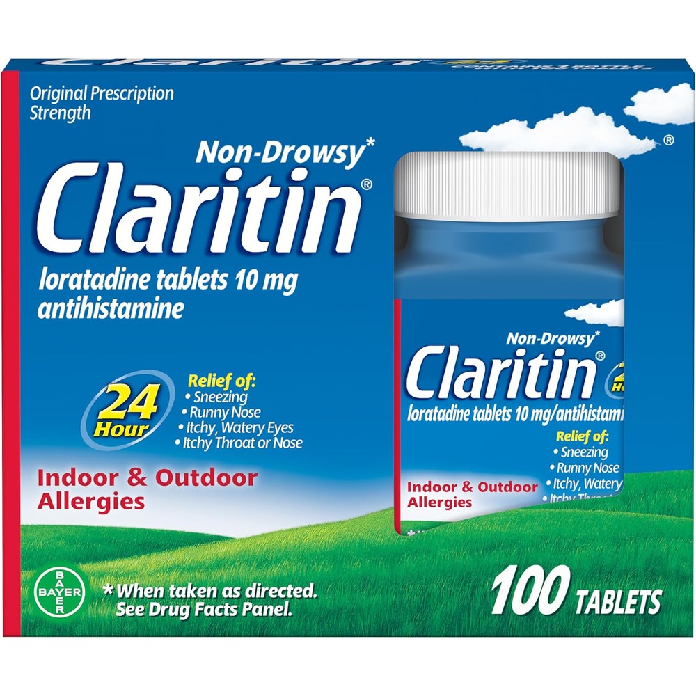 Claritin Allergy Medicine 100 Tablets front view packaging showcasing non-drowsy 24-hour relief details
