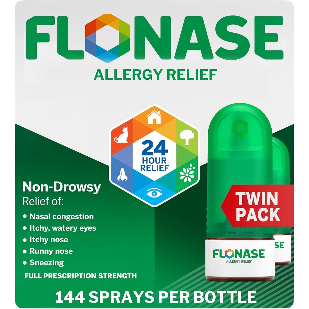 Flonase Allergy Relief Nasal Spray front packaging showing the twin pack bottles.