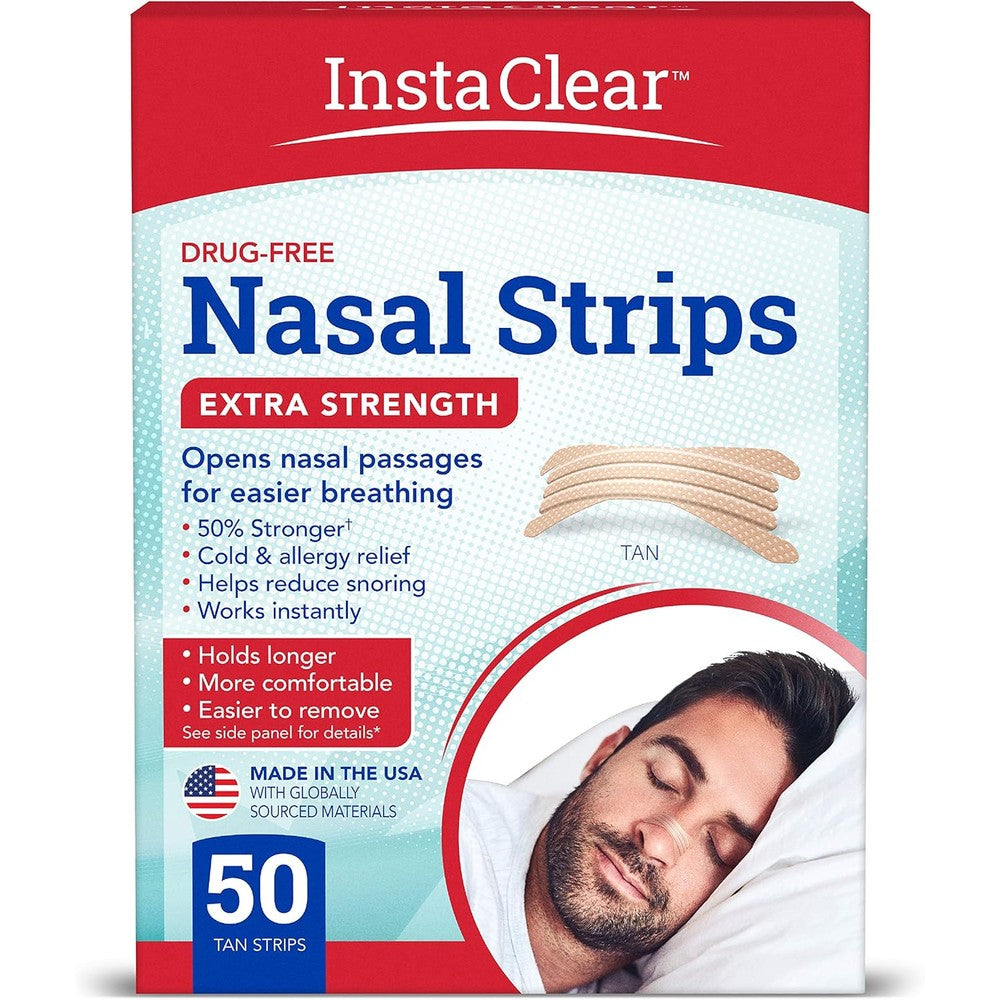 Instaclear extra strength nasal strips 50 count front packaging view showing drug-free snoring relief benefits.
