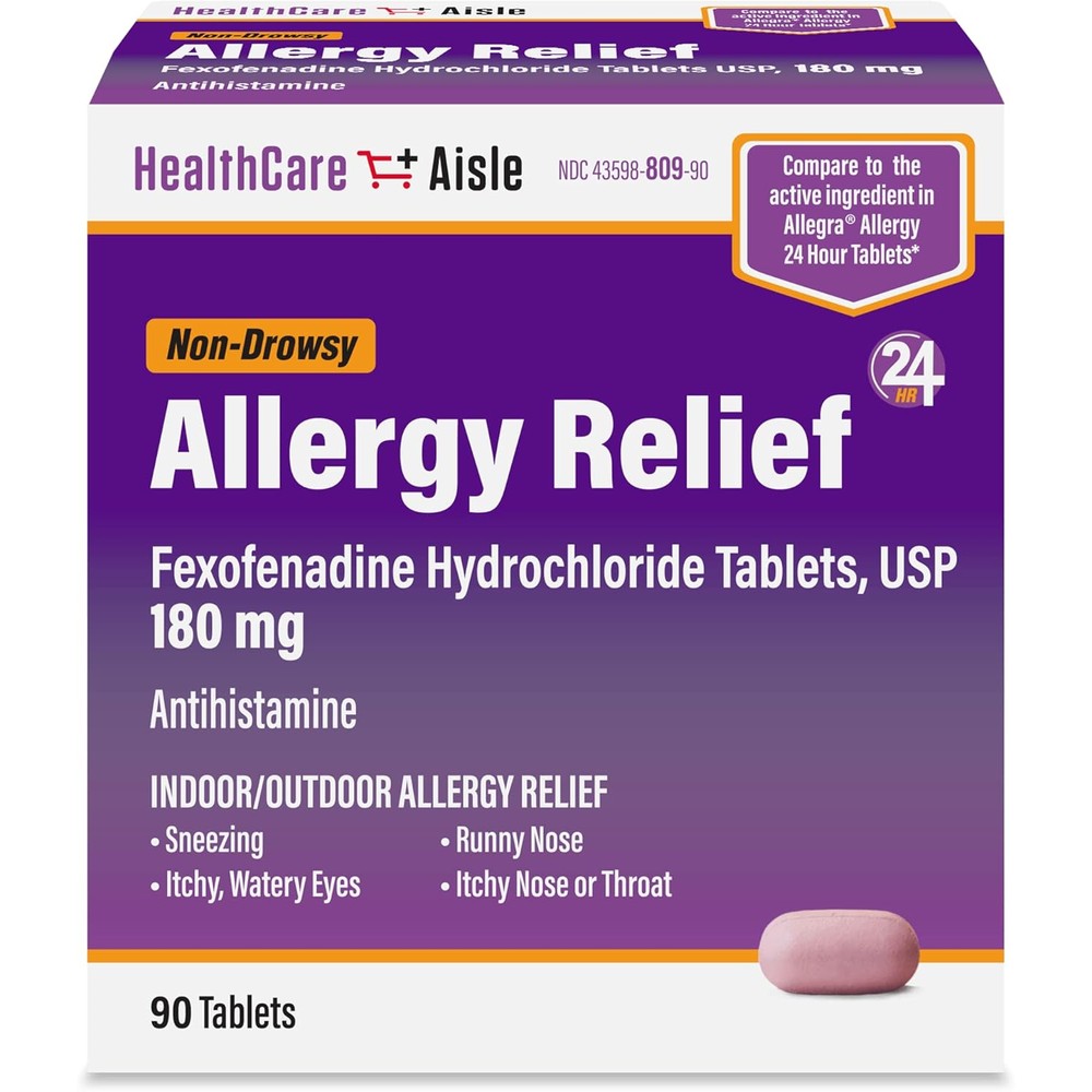 HealthCareAisle Allergy Relief 90 tablets front box packaging for non drowsy symptom relief
