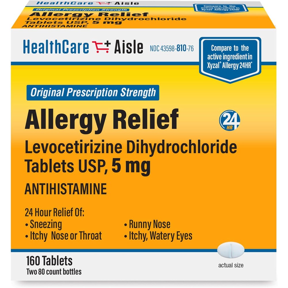 HealthCareAisle Allergy Relief Levocetirizine Dihydrochloride tablets front view packaging for seasonal allergy relief
