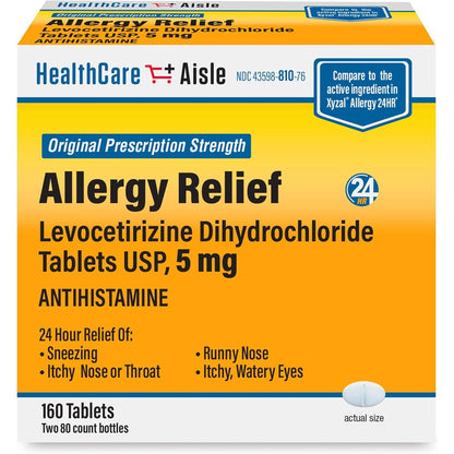 HealthCareAisle Allergy Relief Levocetirizine Dihydrochloride tablets front view packaging for seasonal allergy relief
