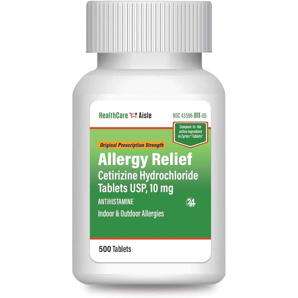 HealthCareAisle Allergy Relief Cetirizine Hydrochloride Tablets 500 count front view showing prescription strength antihistamine packaging.