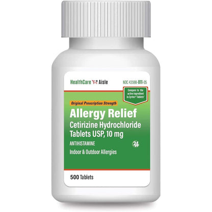 HealthCareAisle Allergy Relief Cetirizine Hydrochloride Tablets 500 count front view showing prescription strength antihistamine packaging.