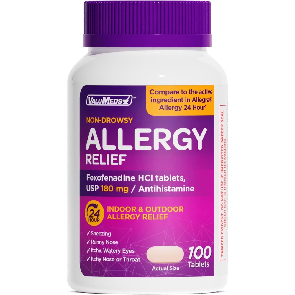 ValuMeds Fexofenadine HCl 180mg allergy relief bottle front view showing 100 count non drowsy tablets.