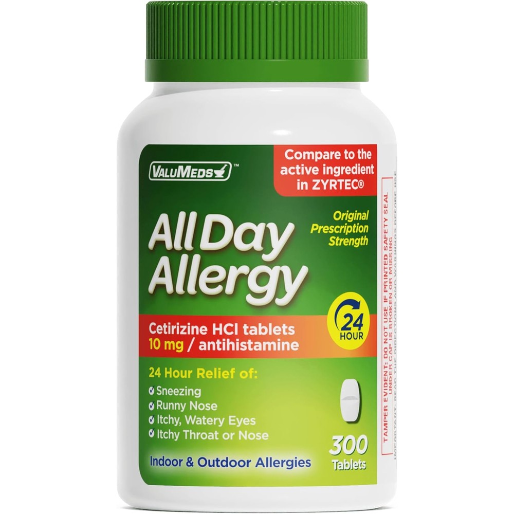 ValuMeds 24 Hour Allergy Medicine front view bottle showing 300 count cetirizine caplets for allergy relief