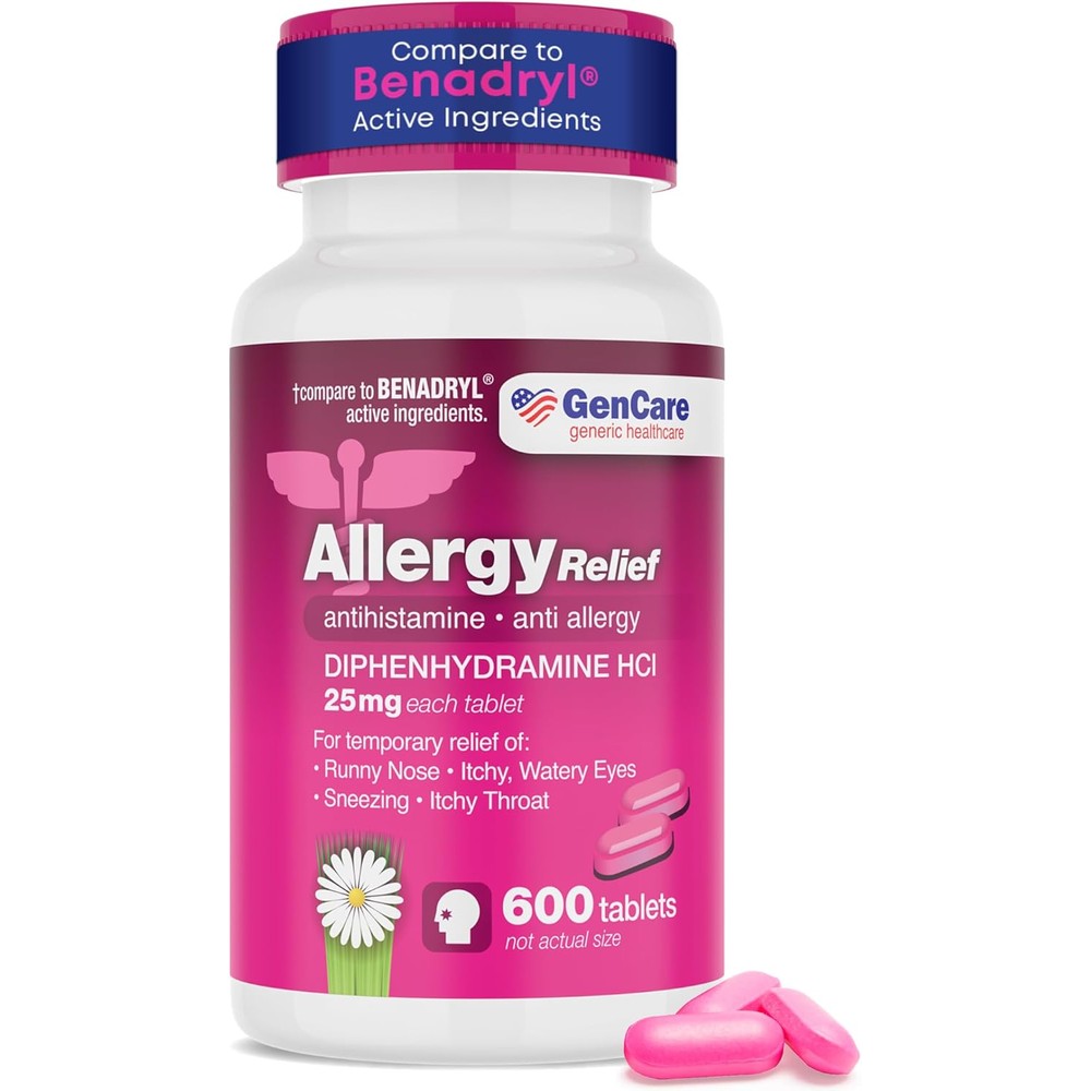 GenCare Allergy Relief Medicine 600 count bottle front view showing 25mg strength.