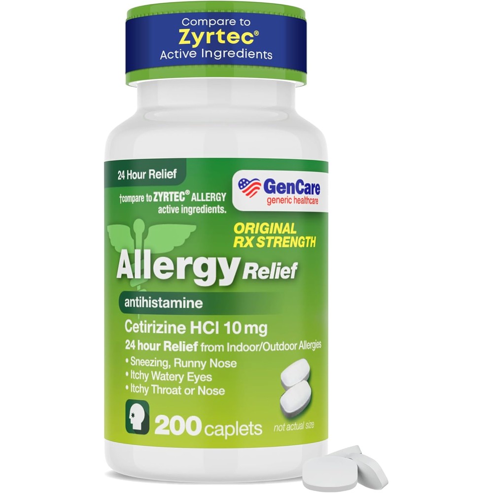 GenCare Cetirizine Hydrochloride 10 mg 200 caplets bottle front view for allergy relief medication