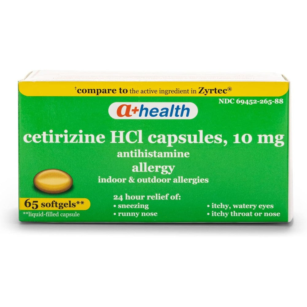 A+Health Cetirizine Hydrochloride 10 Mg Liquid Gels front packaging showing 65 count for 24 hour allergy relief