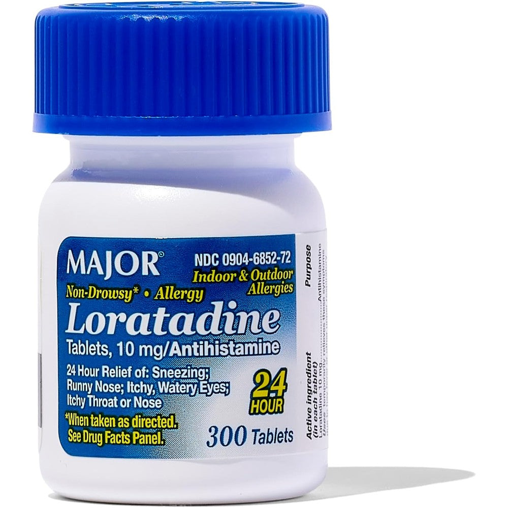 Major Allergy Loratadine 10 mg tablets packaging front view showing non-drowsy allergy medicine benefits