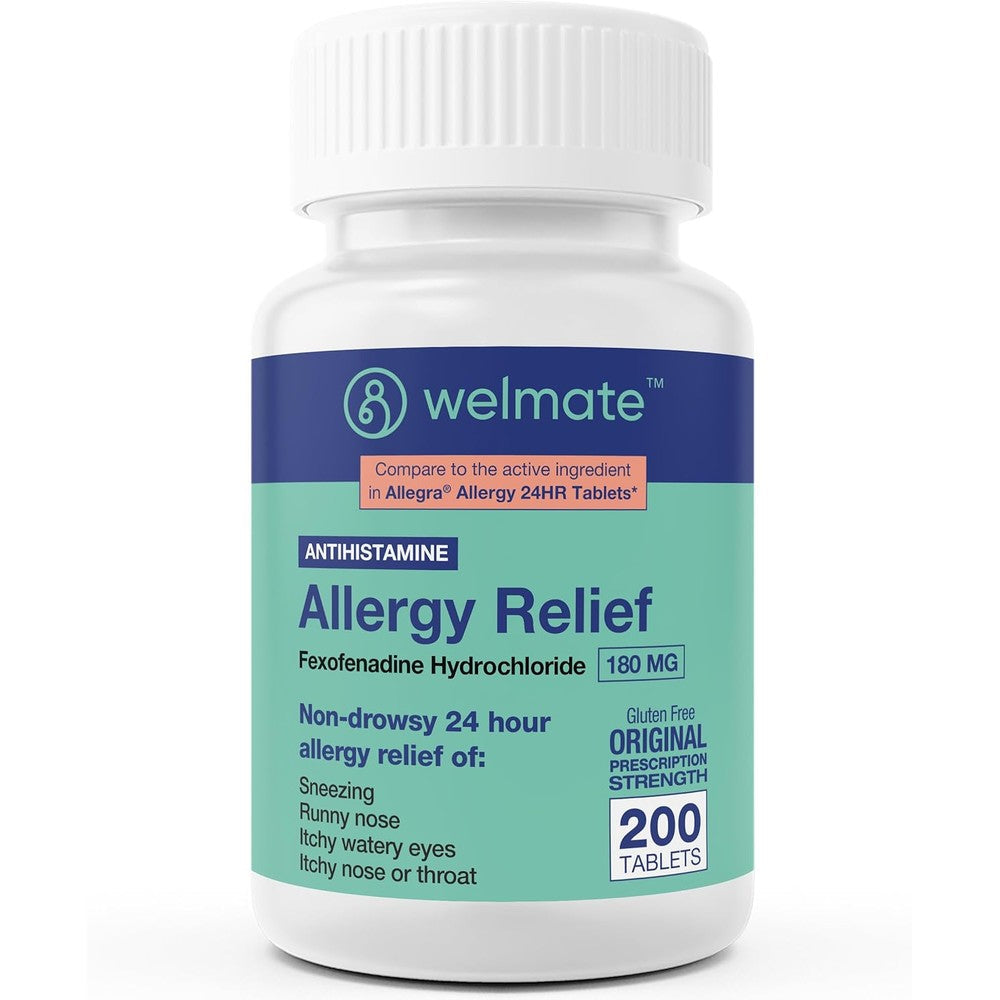 Welmate Allergy Relief Fexofenadine Hydrochloride 180 mg 200 count bottle front view showing non-drowsy 24 hour antihistamine details.