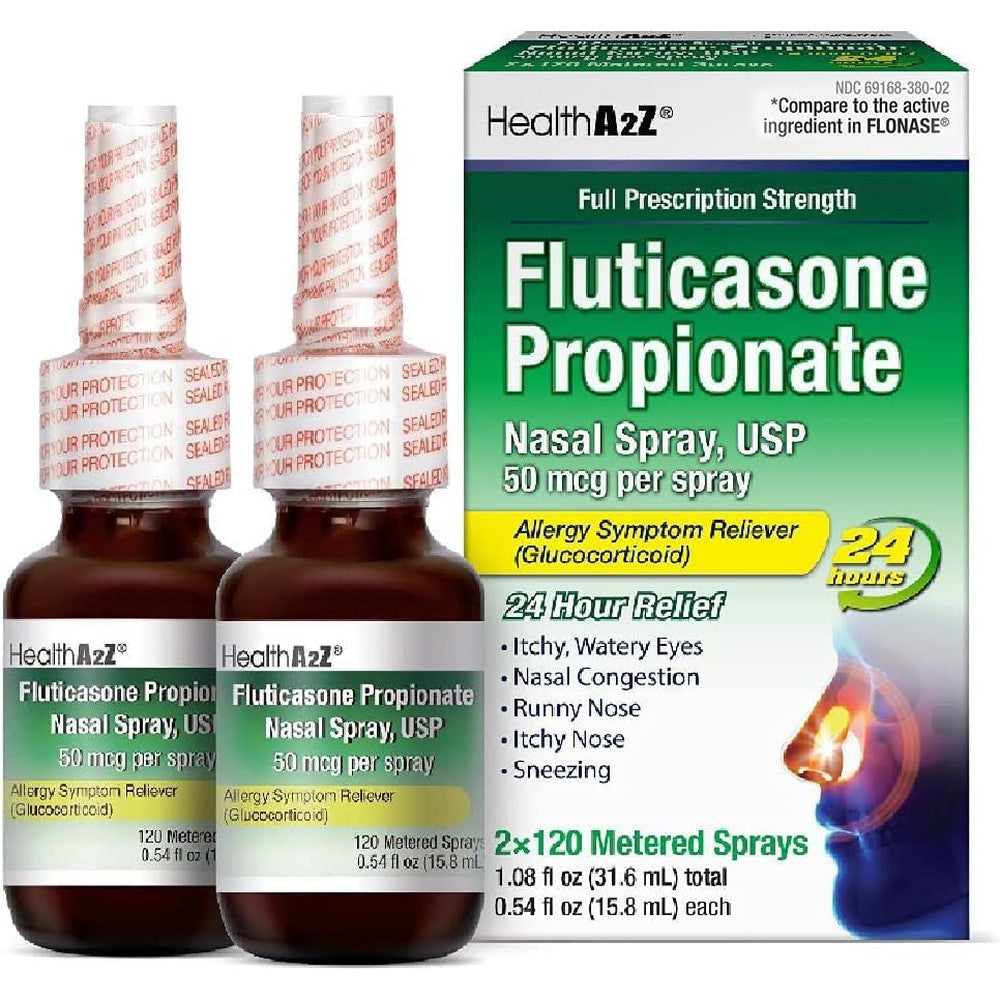 HealthA2Z Fluticasone Propionate Nasal Spray twin pack front view for multi symptom allergy relief