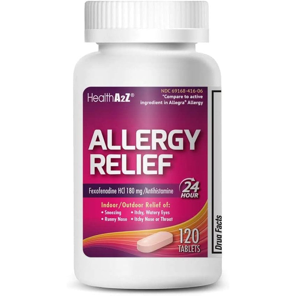 HealthA2Z Fexofenadine Hydrochloride 180mg front packaging showing 120 count bottle for allergy relief.