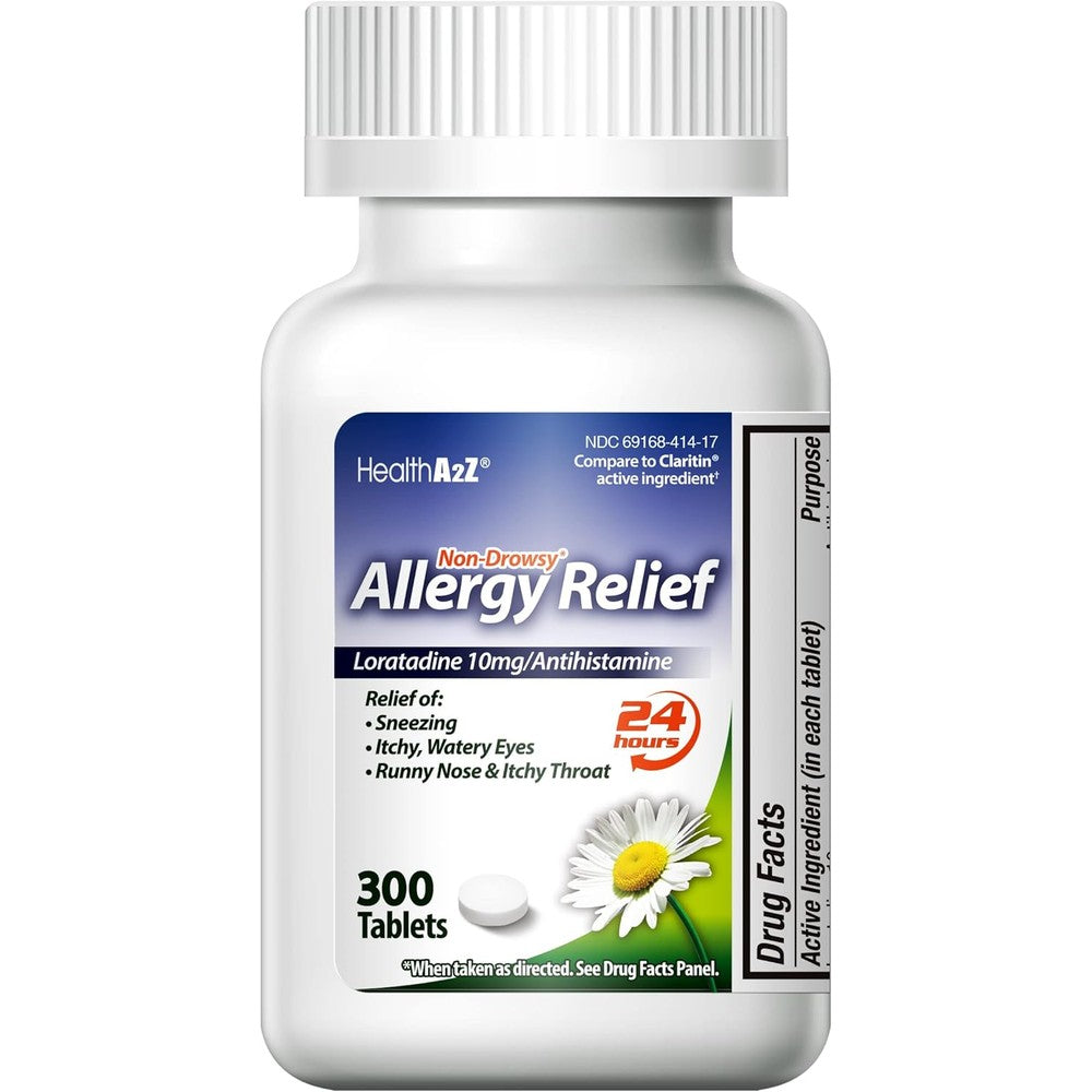 HealthA2Z Allergy Relief 300 tablets front bottle view showing 10mg Loratadine non-drowsy antihistamine medicine.