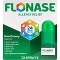 Flonase Allergy Relief Nasal Spray front packaging view showing 72 metered sprays for non drowsy allergy medicine.