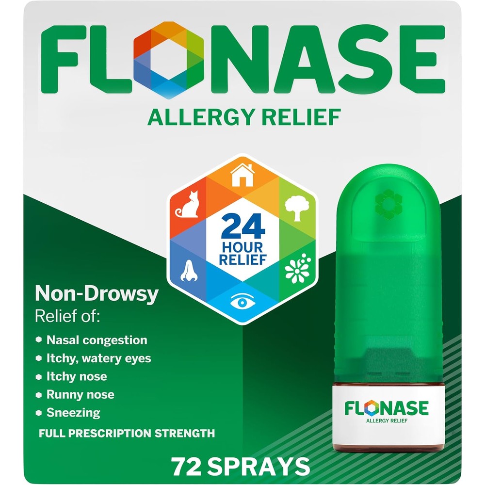 Flonase Allergy Relief Nasal Spray front packaging view showing 72 metered sprays for non drowsy allergy medicine.