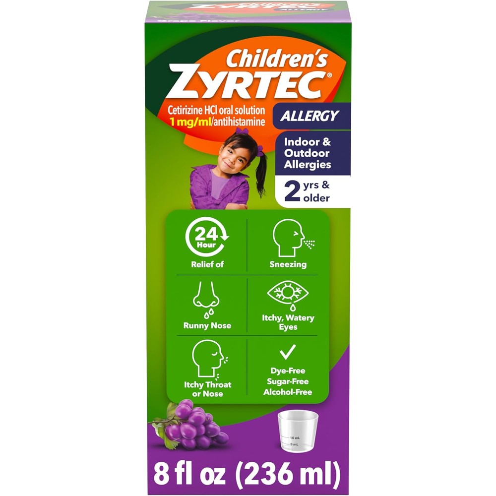 Zyrtec Childrens Allergy Relief Syrup bottle front view showing grape flavor details