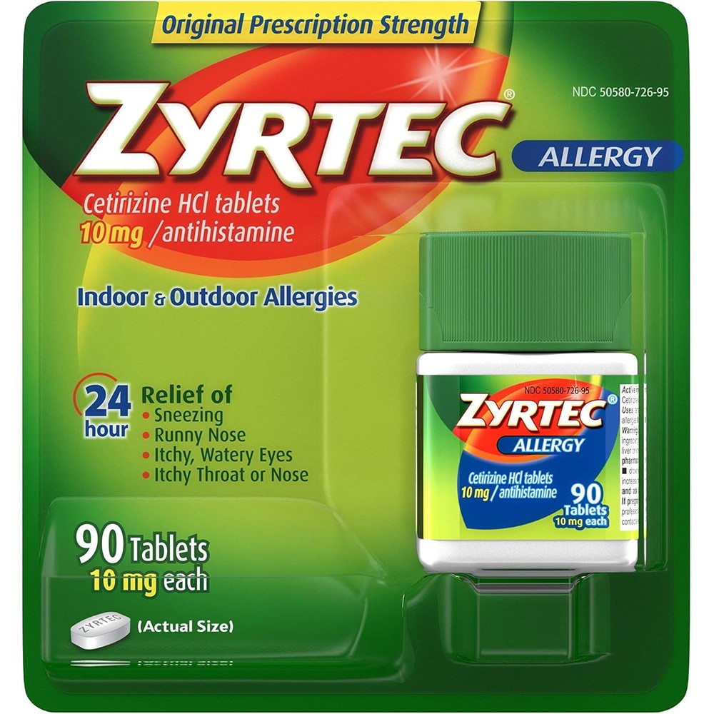 Zyrtec 24 Hour Allergy Relief 10mg Tablets 90 count front packaging for indoor and outdoor allergy relief