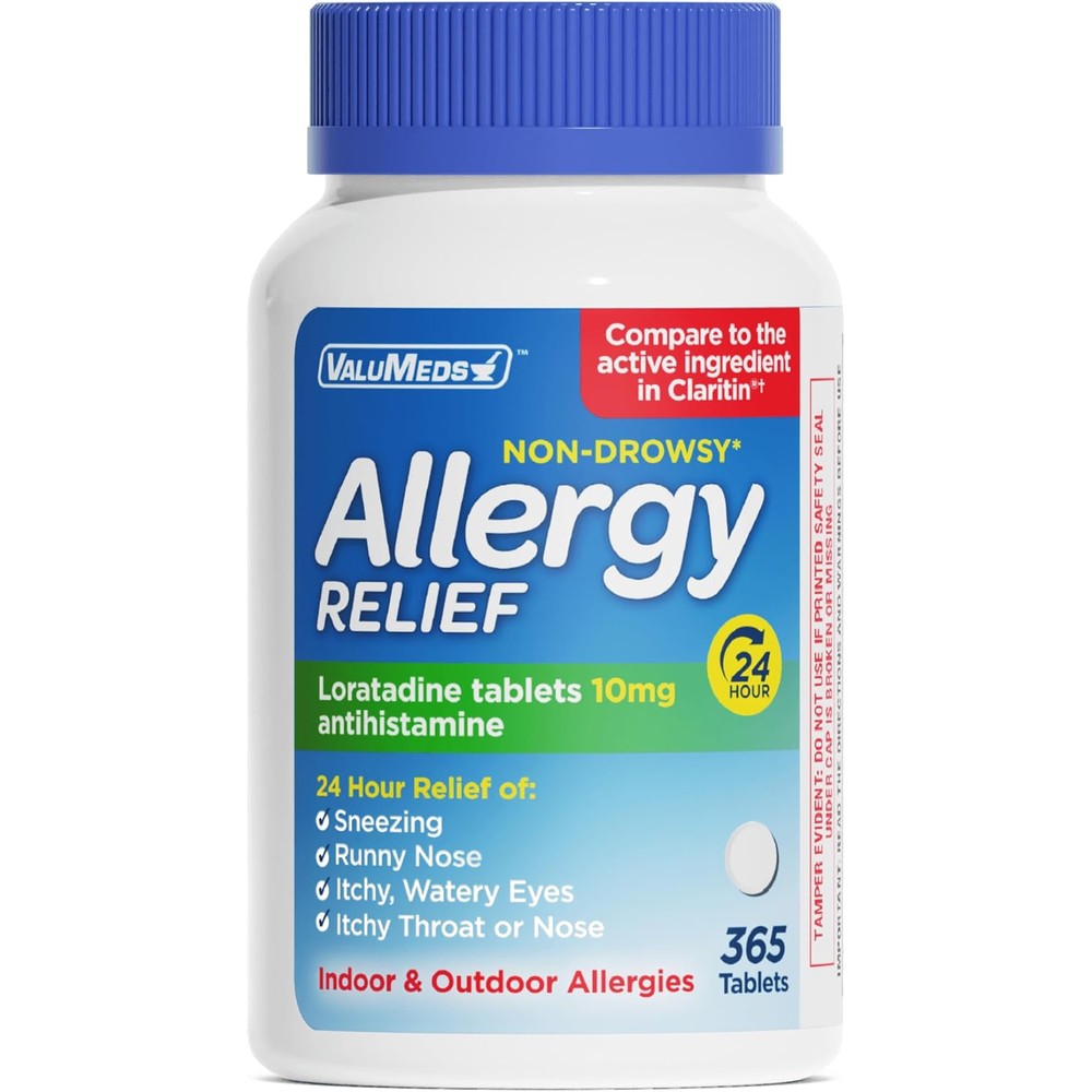 ValuMeds Loratadine 10mg allergy relief 365 tablets front view bottle packaging