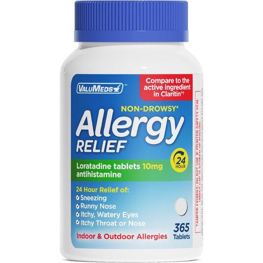 ValuMeds Loratadine 10mg allergy relief 365 tablets front view bottle packaging