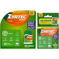 Zyrtec 24 Hour Allergy Relief Tablets front view of bottle and travel packs bundle pack